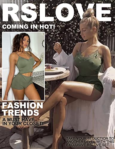 RSLOVE Women Sexy Pajamas Cami Shorts Set Nightwear Sexy Lace Lingerie Sleepwear Olive M - Image 2