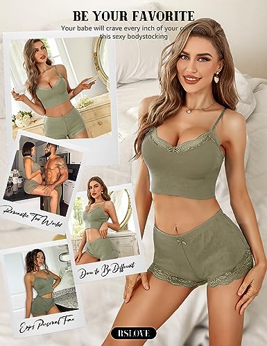RSLOVE Women Sexy Pajamas Cami Shorts Set Nightwear Sexy Lace Lingerie Sleepwear Olive M - Image 4