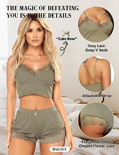 RSLOVE Women Sexy Pajamas Cami Shorts Set Nightwear Sexy Lace Lingerie Sleepwear Olive M - Image 3