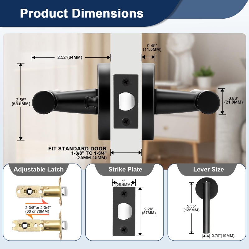 Orger 6 Pack Black Door Handles Interior, Privacy Matte Black Door Handles for Bedroom and Bathroom, Door Levers Reversible for Left & Right, 304 Satinless Steels Keyless Locks for Doors - Image 5