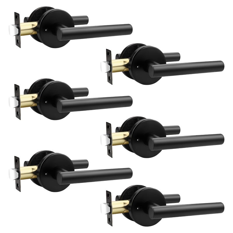 Orger 6 Pack Black Door Handles Interior, Privacy Matte Black Door Handles for Bedroom and Bathroom, Door Levers Reversible for Left & Right, 304 Satinless Steels Keyless Locks for Doors - Image 1