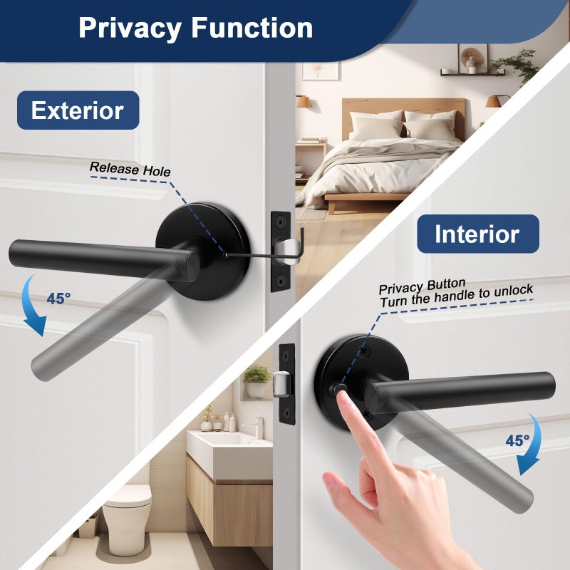 Orger 6 Pack Black Door Handles Interior, Privacy Matte Black Door Handles for Bedroom and Bathroom, Door Levers Reversible for Left & Right, 304 Satinless Steels Keyless Locks for Doors - Image 4