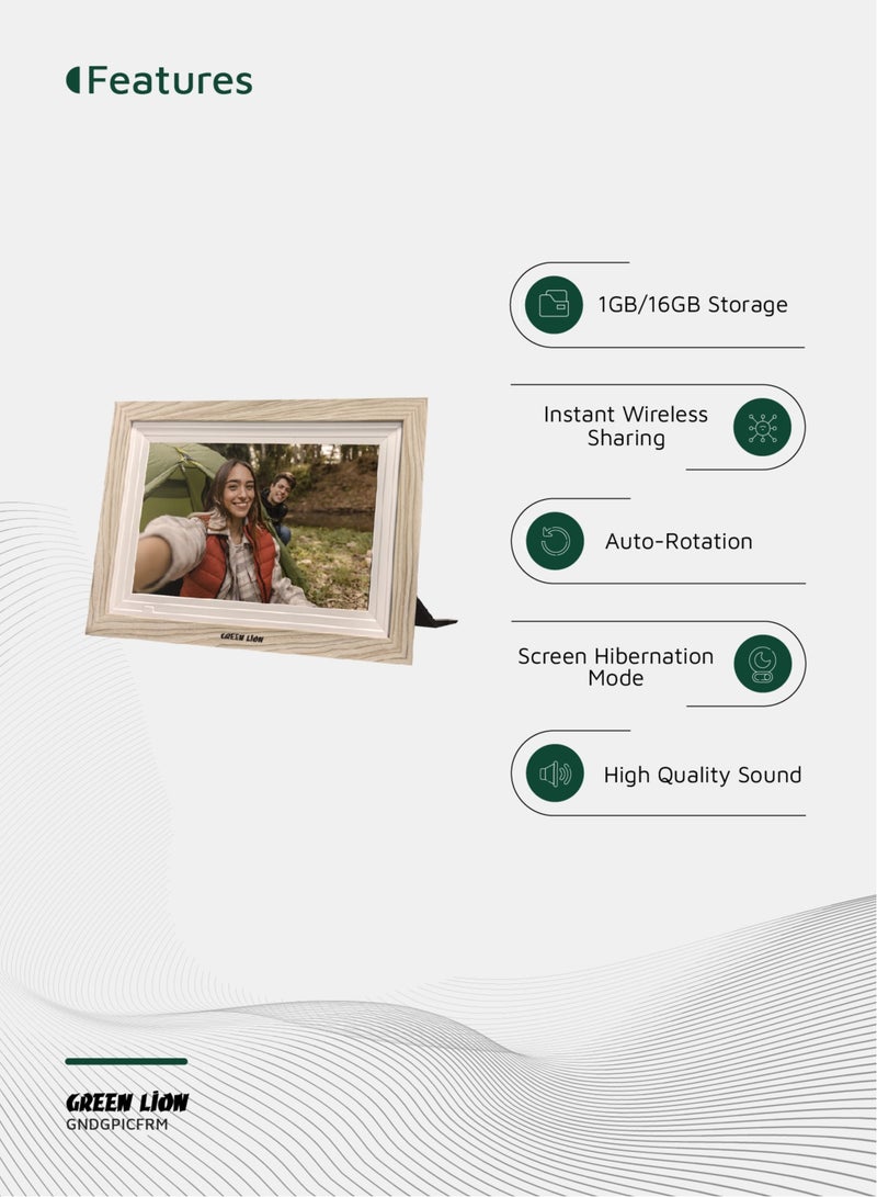 جرين ليون إطار صورة رقمي بشاشة تعمل باللمس 10.1 بوصة / تشغيل الصور والفيديو / JPG/PNG/HEIC/MP4/3GP/MOV / مشاركة لاسلكية فورية / مع مكبر صوت وصوت عالي الجودة / نقل الصور عبر USB - خشبي - Image 2
