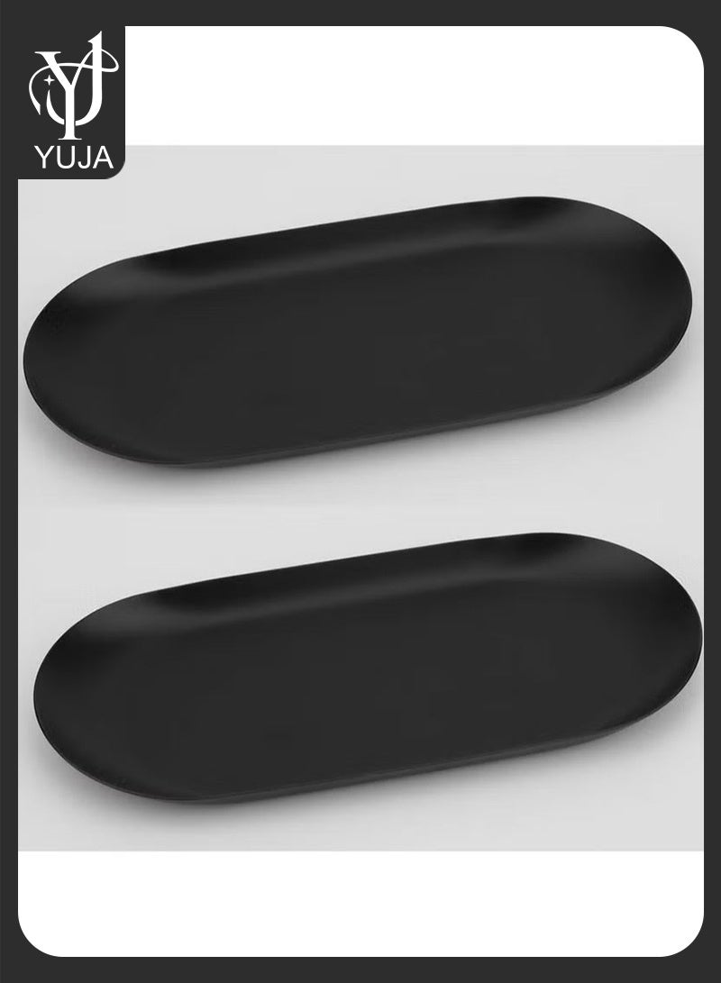 YUJA Stainless Steel Decorative Tray, Set of 2, 9 Inch Long, Jewelry Dish Cosmetics Organizer Bathroom Clutter Serving Platter Small Storage Tray, Oval, Matte Black - Image 1