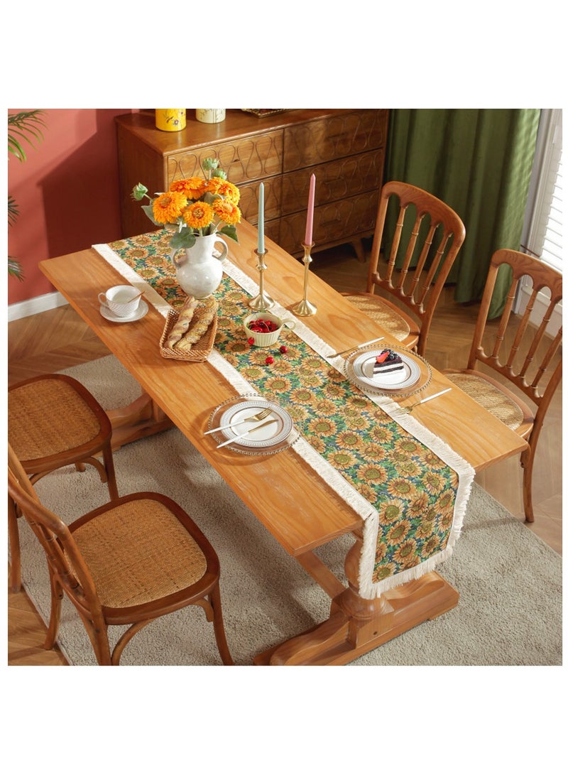 آنا مفرش طاولة مخطط بأبعاد 30x180 سم مع تصميم عباد الشمس، مزين بالتطريز والتنسيق، للديكور المنزلي وفاخر بطابع عصري. - Image 4