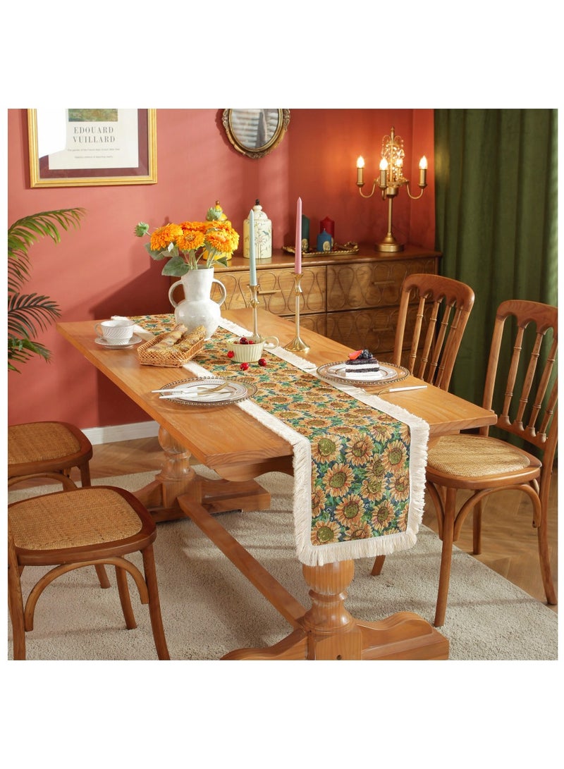 آنا مفرش طاولة مخطط بأبعاد 30x180 سم مع تصميم عباد الشمس، مزين بالتطريز والتنسيق، للديكور المنزلي وفاخر بطابع عصري. - Image 3