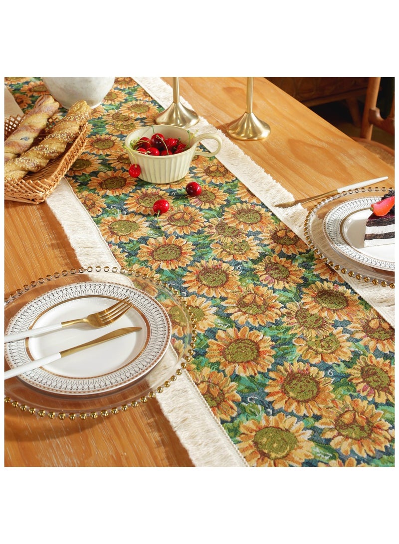 آنا مفرش طاولة مخطط بأبعاد 30x180 سم مع تصميم عباد الشمس، مزين بالتطريز والتنسيق، للديكور المنزلي وفاخر بطابع عصري. - Image 2