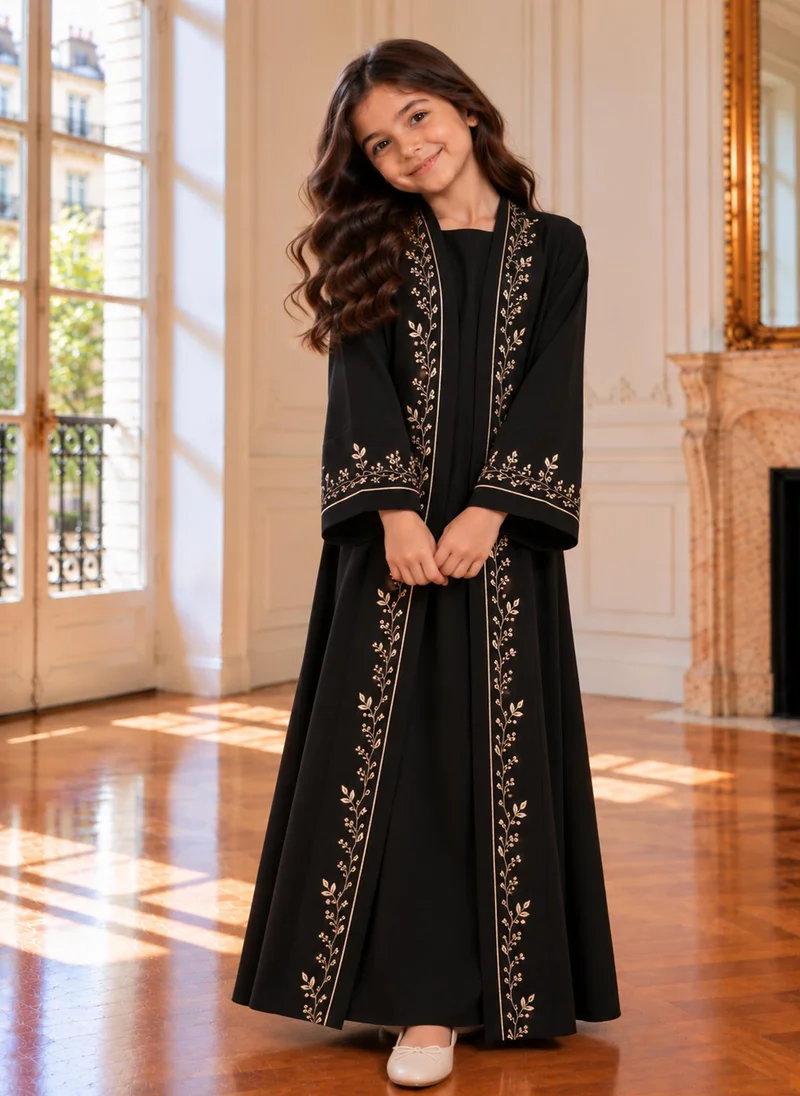 MSquare Fashion Girls Black Abaya with Golden Hand Embroidery | Kids Abaya with Chiffon Hijab