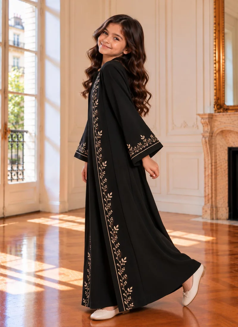 MSquare Fashion Girls Black Abaya with Golden Hand Embroidery | Kids Abaya with Chiffon Hijab