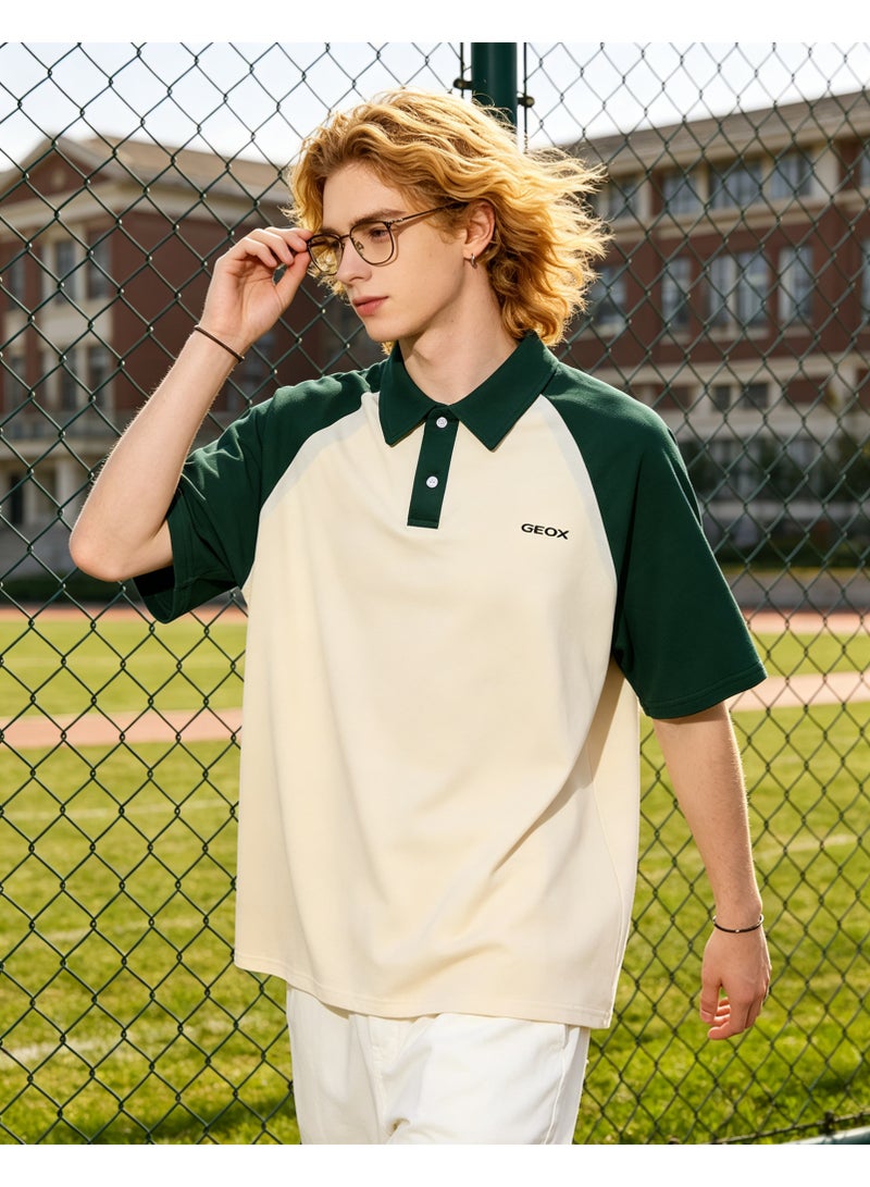 GEOX Unisex Short Sleeve Raglan Polo Shirt, Casual Daily Wear, Cream & Dark Green - Image 2