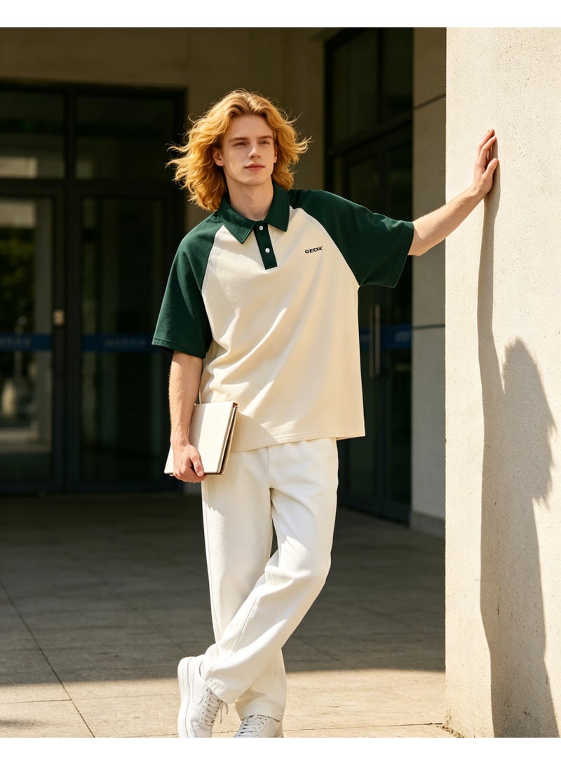 GEOX Unisex Short Sleeve Raglan Polo Shirt, Casual Daily Wear, Cream & Dark Green - Image 5