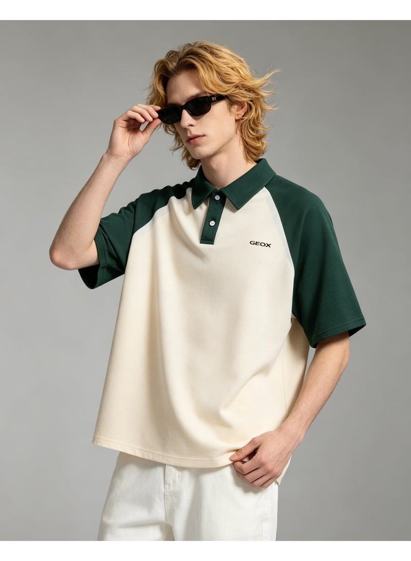 GEOX Unisex Short Sleeve Raglan Polo Shirt, Casual Daily Wear, Cream & Dark Green - Image 1