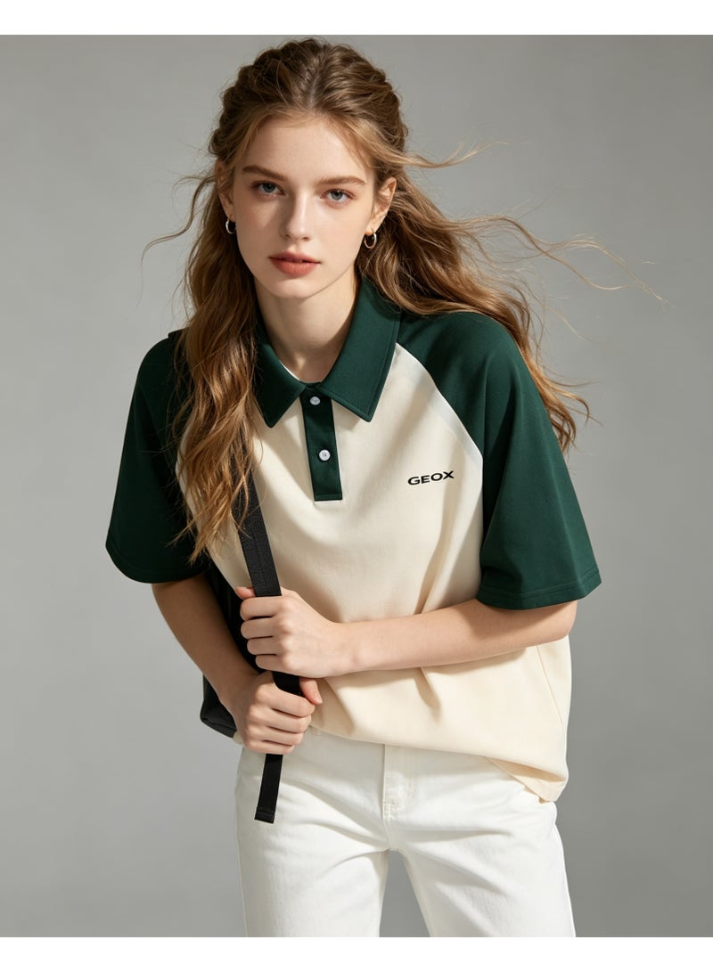 GEOX Unisex Short Sleeve Raglan Polo Shirt, Casual Daily Wear, Cream & Dark Green - Image 4