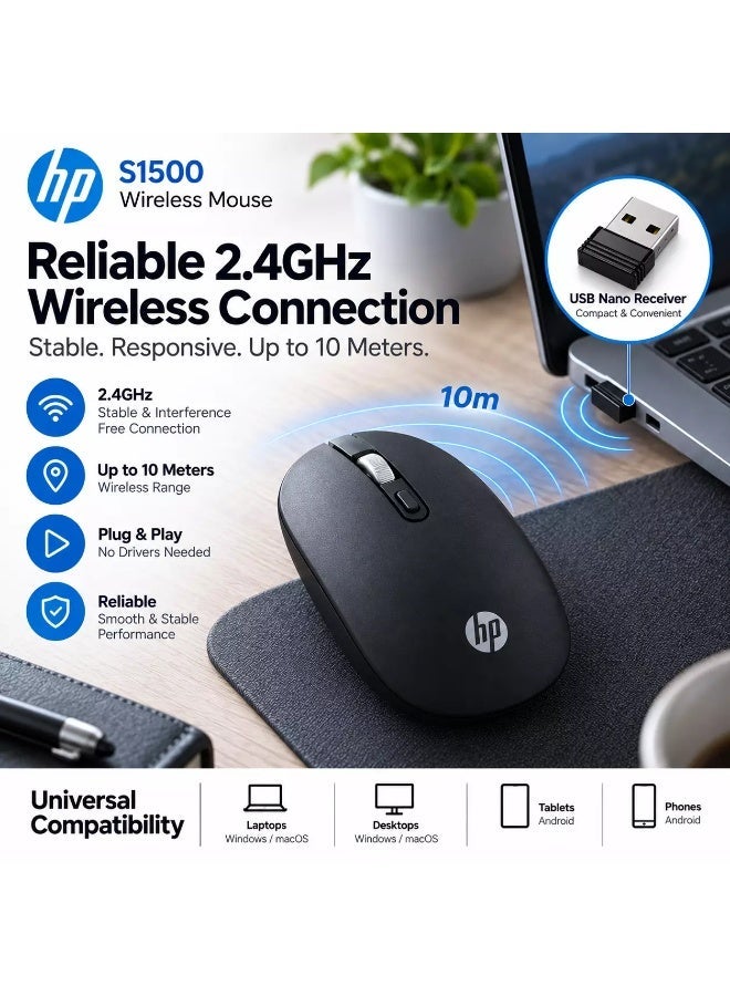 HP S1500 Wireless Silent Mouse – 2.4GHz, 800/1200/1600 DPI, USB Nano Receiver, 3 Buttons, Metal Scroll Wheel, Up to 10m, Black black - Image 4