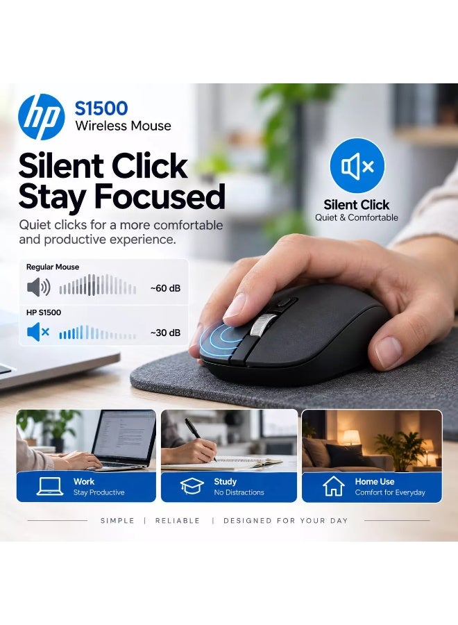 HP S1500 Wireless Silent Mouse – 2.4GHz, 800/1200/1600 DPI, USB Nano Receiver, 3 Buttons, Metal Scroll Wheel, Up to 10m, Black black - Image 2