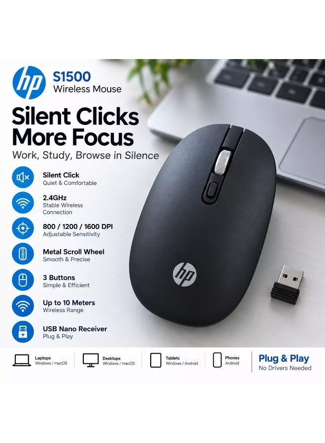 HP S1500 Wireless Silent Mouse – 2.4GHz, 800/1200/1600 DPI, USB Nano Receiver, 3 Buttons, Metal Scroll Wheel, Up to 10m, Black black - Image 5