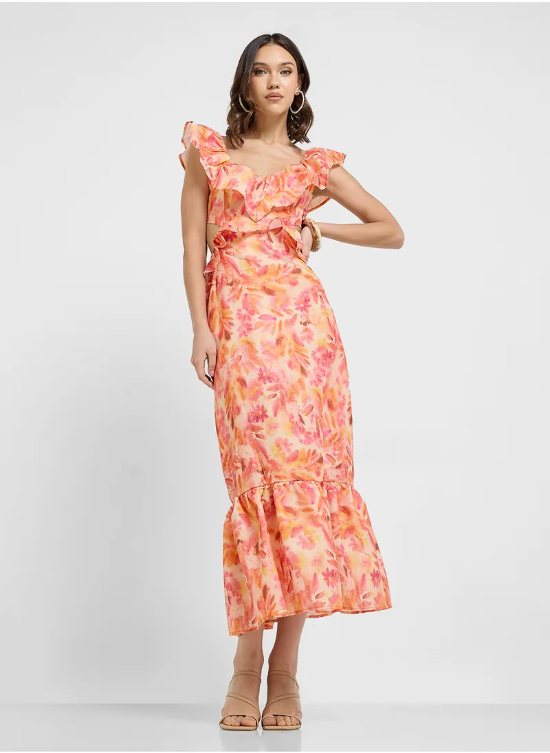 ELLA Floral Prnt Dress With Waist Cut Out Detail