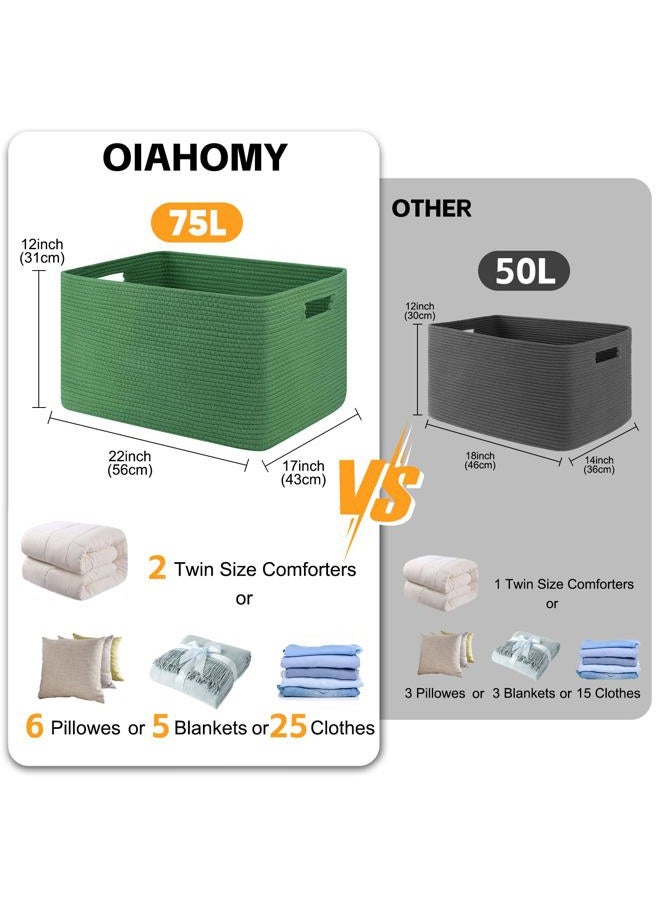 OIAHOMY 75L Large Blanket Basket, Woven Cotton Rope Baskets for Organizing 22”x17”x12”, Blanket Basket living Room, Toy Storage Bins for Nursery, Green - Image 3