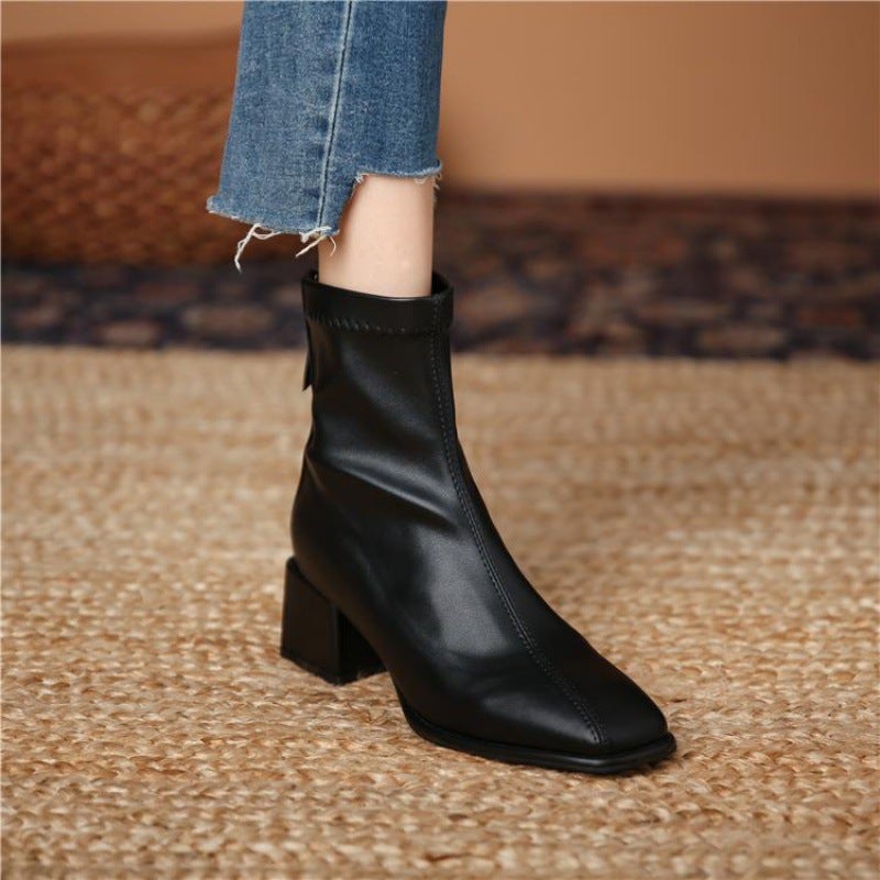2024 French Style Mid-Calf White Martin Boots Women Black fleece-lined 