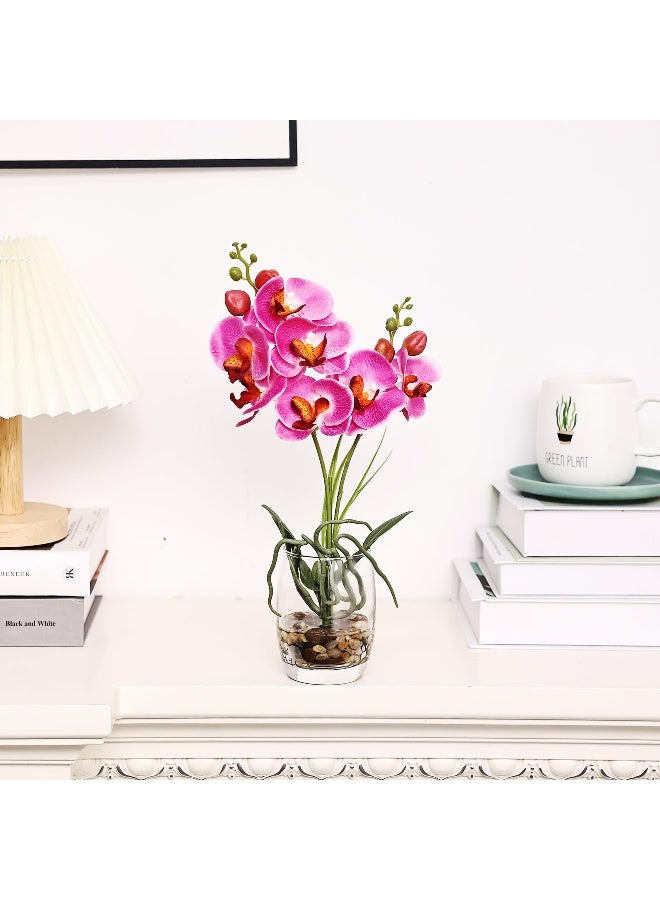 Jusdreen 1 Pcs Glass Vase Artificial Orchid Flower Bonsai Vivid Phalaenopsis Flowers Potting for Home Office Décor, Table Centerpiece Room Decorations 14.5"(Glass Vase/Purple Orchid) - Image 3