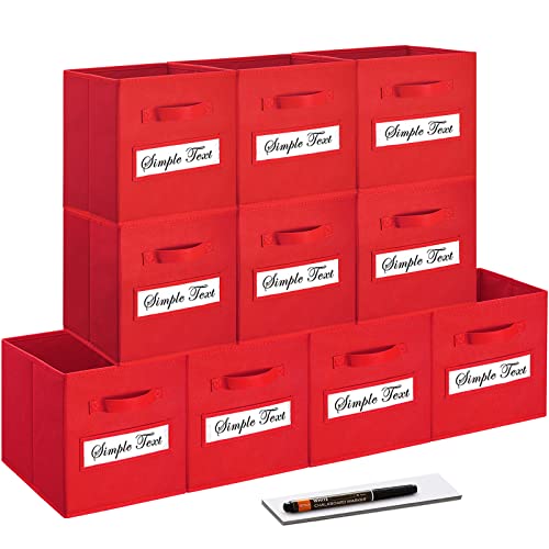 artsdi 11 Inch Storage Cube,Storage bin,cube storage (Set of 10) Foldable Fabric Cube Storage Bins with 10 Labels Window Cards & a Pen,Baskets Containers for Shelves,Closet Organizers Box,Red - Image 1