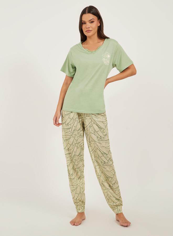 Styli Printed V Neck Lace Trim T-Shirt and Cuffed Pyjama Set  - Image 1