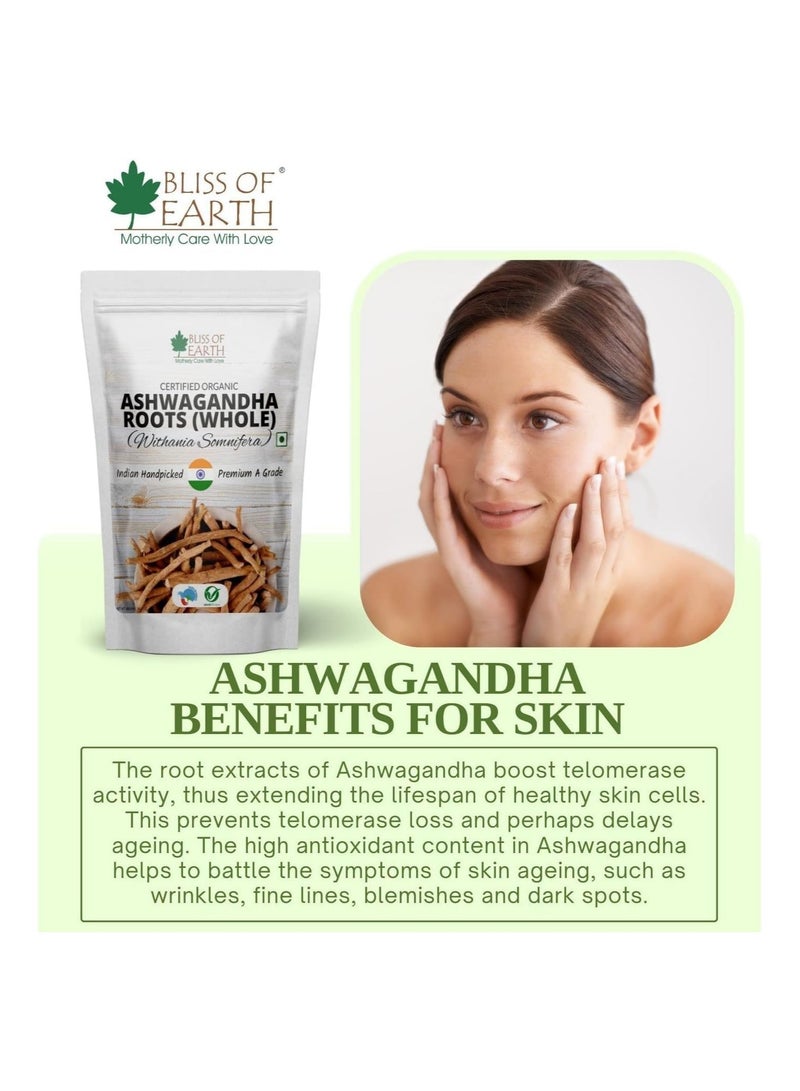 BLISS OF EARTH Certified Organic Ashwagandha Roots Whole Withania Somnifera Premium Grade Help Boost Immunity Stress Relief 200gm Pack of 2 - Image 3