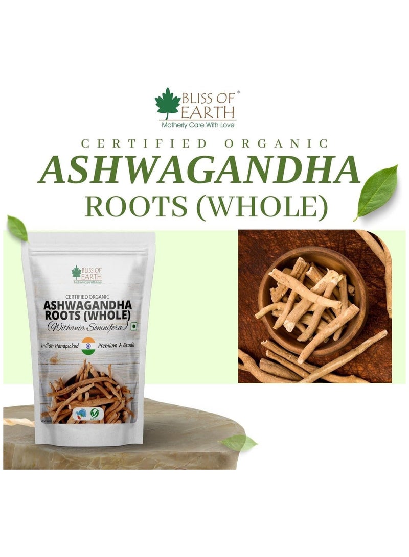 BLISS OF EARTH Certified Organic Ashwagandha Roots Whole Withania Somnifera Premium Grade Help Boost Immunity Stress Relief 200gm Pack of 2 - Image 2