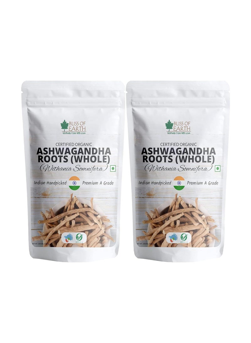 BLISS OF EARTH Certified Organic Ashwagandha Roots Whole Withania Somnifera Premium Grade Help Boost Immunity Stress Relief 200gm Pack of 2 - Image 1