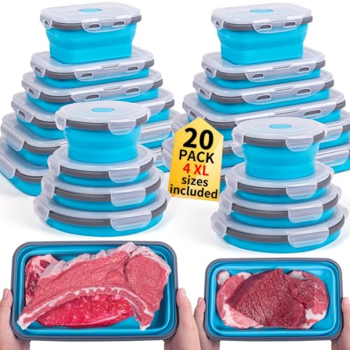 Annaklin Collapsible Food Storage Containers with Lids 20 Pack(81oz/58oz Extra Large Included), 12 Rectangular+8 Round, Annaklin Silicone Collapsible Food Containers Sets Microwave Freezer Dishwasher Safe Blue - Image 1