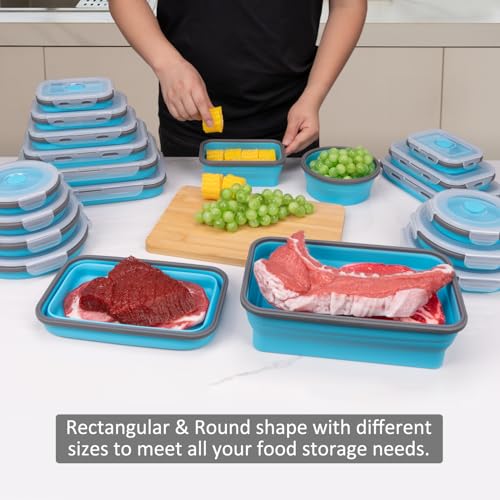 Annaklin Collapsible Food Storage Containers with Lids 20 Pack(81oz/58oz Extra Large Included), 12 Rectangular+8 Round, Annaklin Silicone Collapsible Food Containers Sets Microwave Freezer Dishwasher Safe Blue - Image 2