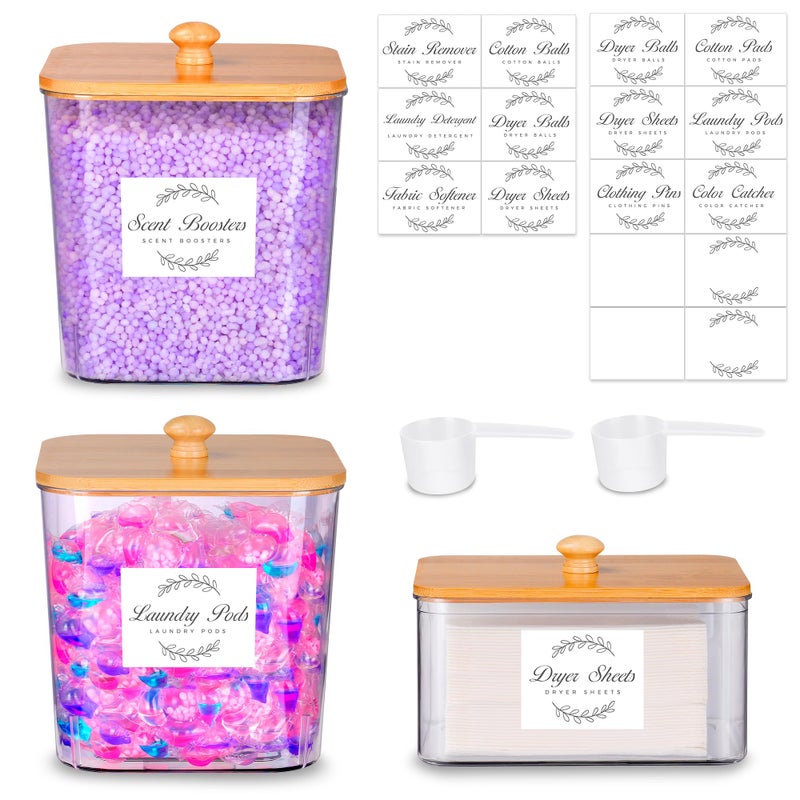 efluky 3 Pack Laundry Pods Container & Dryer Sheet Holder Set, Clear Laundry Room Organization Containers with Bamboo Lids and Labels, Detergent Pods Storage for Scent Booster, Powder - Image 1