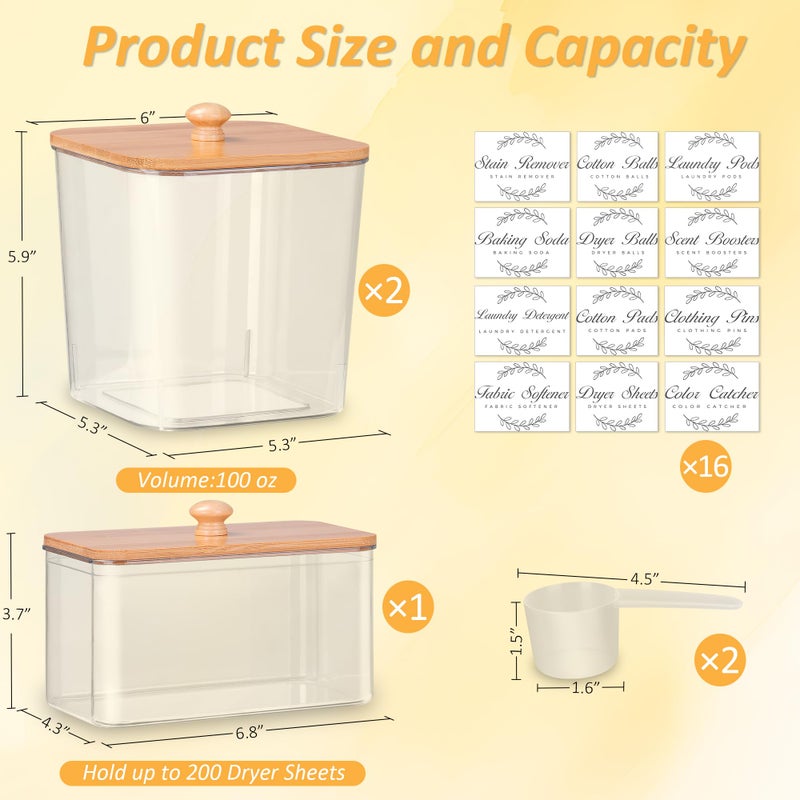 efluky 3 Pack Laundry Pods Container & Dryer Sheet Holder Set, Clear Laundry Room Organization Containers with Bamboo Lids and Labels, Detergent Pods Storage for Scent Booster, Powder - Image 2