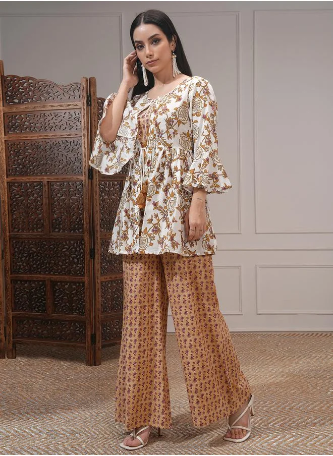 فيشود All-Over Printed Tunic with Palazzo Pants and Jacket Co-Ords by Styli