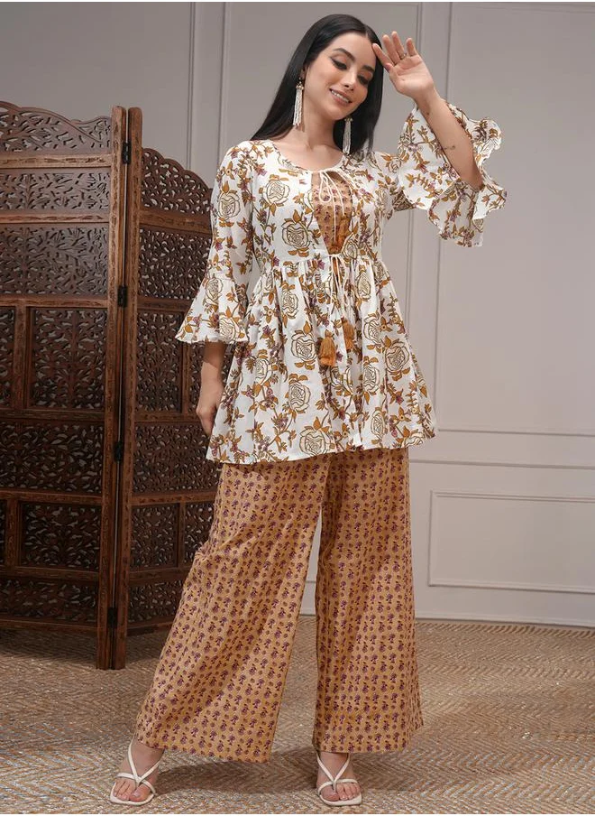 فيشود All-Over Printed Tunic with Palazzo Pants and Jacket Co-Ords by Styli