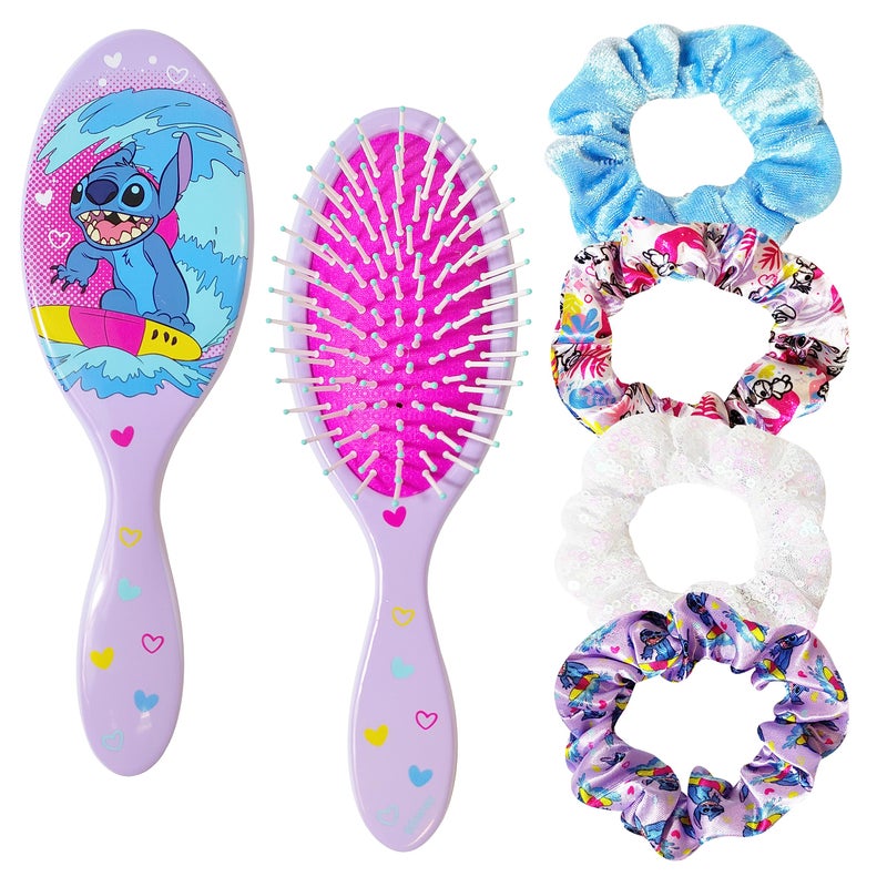 LUV HER Lilo & Stitch Hair Accessory 5 Pcs Set - 1 Regular 9 inch Stitch Hairbrush & 4 Scrunchies - Detangling Brush - Elastic Hair Ties Ropes for Girls, Ages 3+ - Image 1