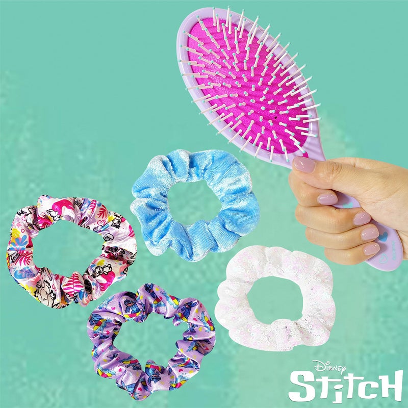 LUV HER Lilo & Stitch Hair Accessory 5 Pcs Set - 1 Regular 9 inch Stitch Hairbrush & 4 Scrunchies - Detangling Brush - Elastic Hair Ties Ropes for Girls, Ages 3+ - Image 2