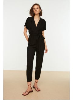 Black Lacing Detailed Double Breasted Collar Woven Jumpsuit