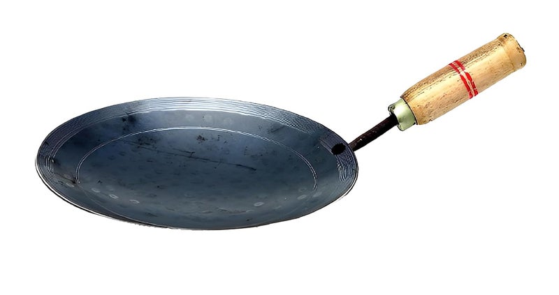ManavRachit Iron Tawa with Wooden Handle Grip 10 Inch Handmade Premium for RotiChapati Paratha Phulka Omelette Concave Tava Black - Image 1