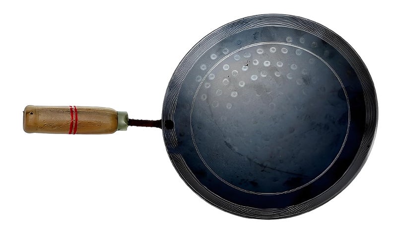 ManavRachit Iron Tawa with Wooden Handle Grip 10 Inch Handmade Premium for RotiChapati Paratha Phulka Omelette Concave Tava Black - Image 3
