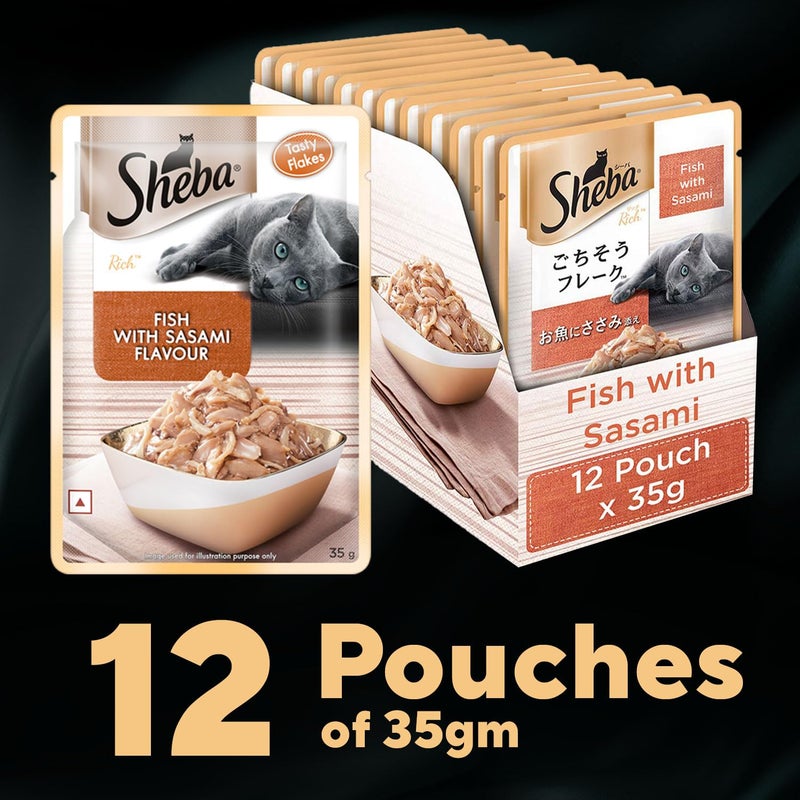 Sheba طعام قطط شيفا ريتش بريميوم للبالغين (1+ سنوات) رطب، سمك بنكهة ساسامي، 35 جرام كيس (عبوة من 12) - Image 3