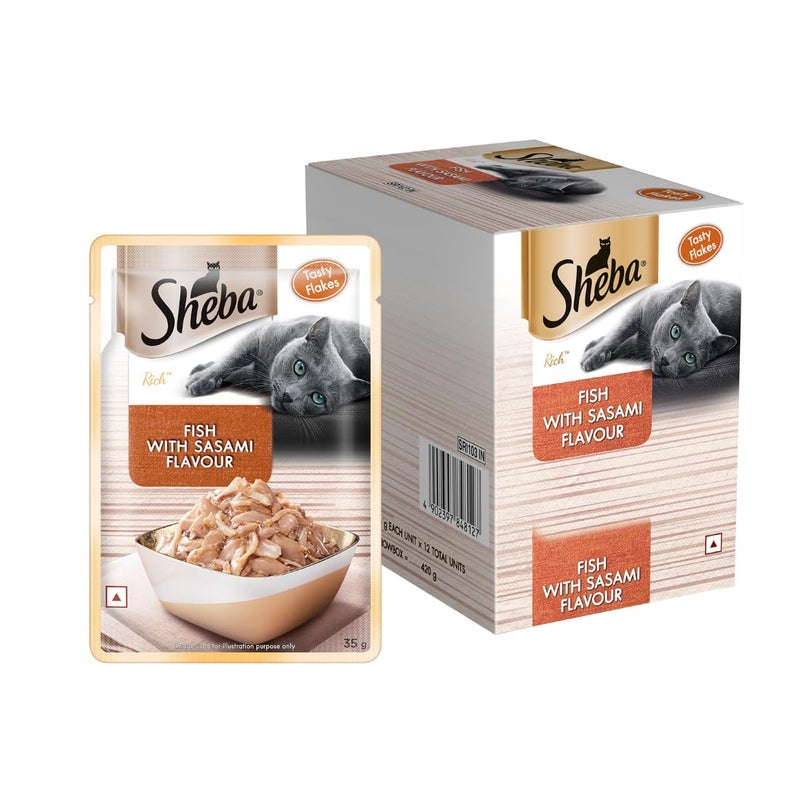 Sheba طعام قطط شيفا ريتش بريميوم للبالغين (1+ سنوات) رطب، سمك بنكهة ساسامي، 35 جرام كيس (عبوة من 12) - Image 1