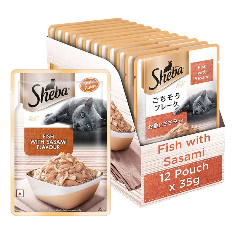 Sheba طعام قطط شيفا ريتش بريميوم للبالغين (1+ سنوات) رطب، سمك بنكهة ساسامي، 35 جرام كيس (عبوة من 12) - Image 2
