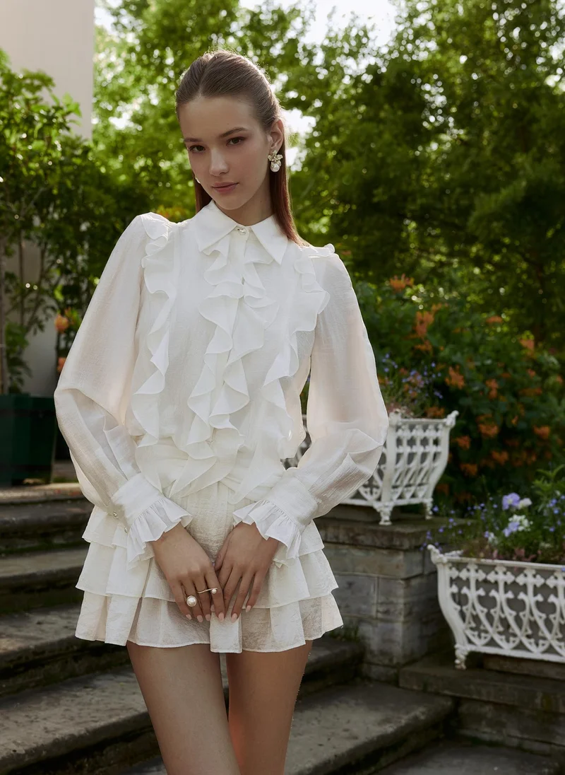 Lichi Textured fabric mini dress with ruffles on the bodice