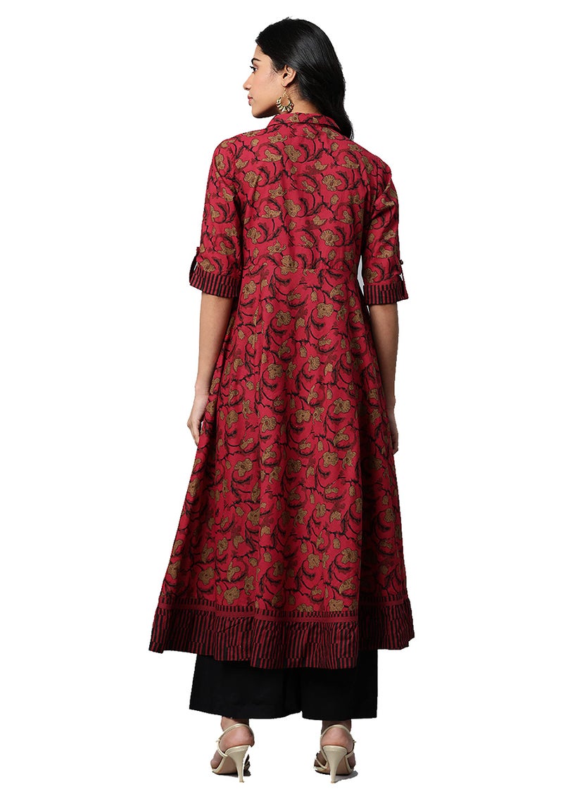 Yash Gallery Cotton Floral Printed Anarkali kurta for Women Indian Style Maroon - Image 4