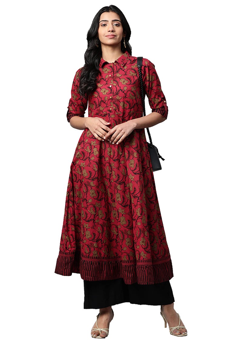 Yash Gallery Cotton Floral Printed Anarkali kurta for Women Indian Style Maroon - Image 1
