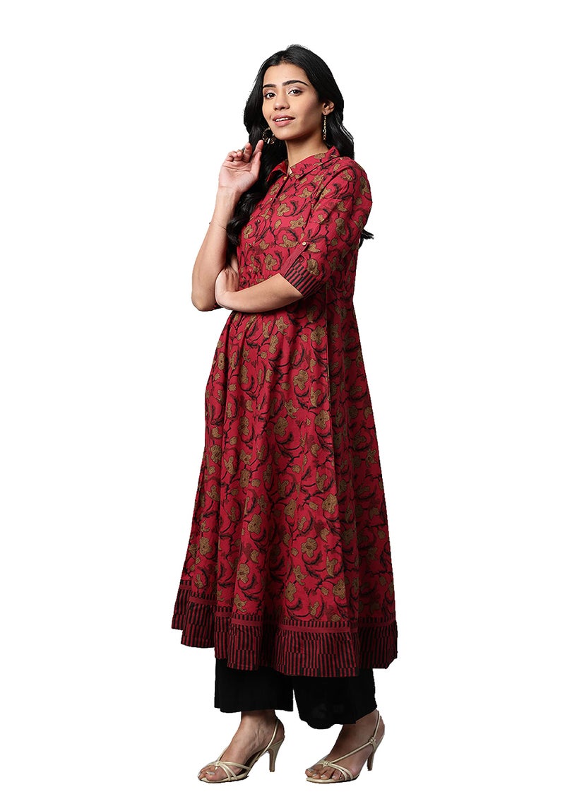 Yash Gallery Cotton Floral Printed Anarkali kurta for Women Indian Style Maroon - Image 2