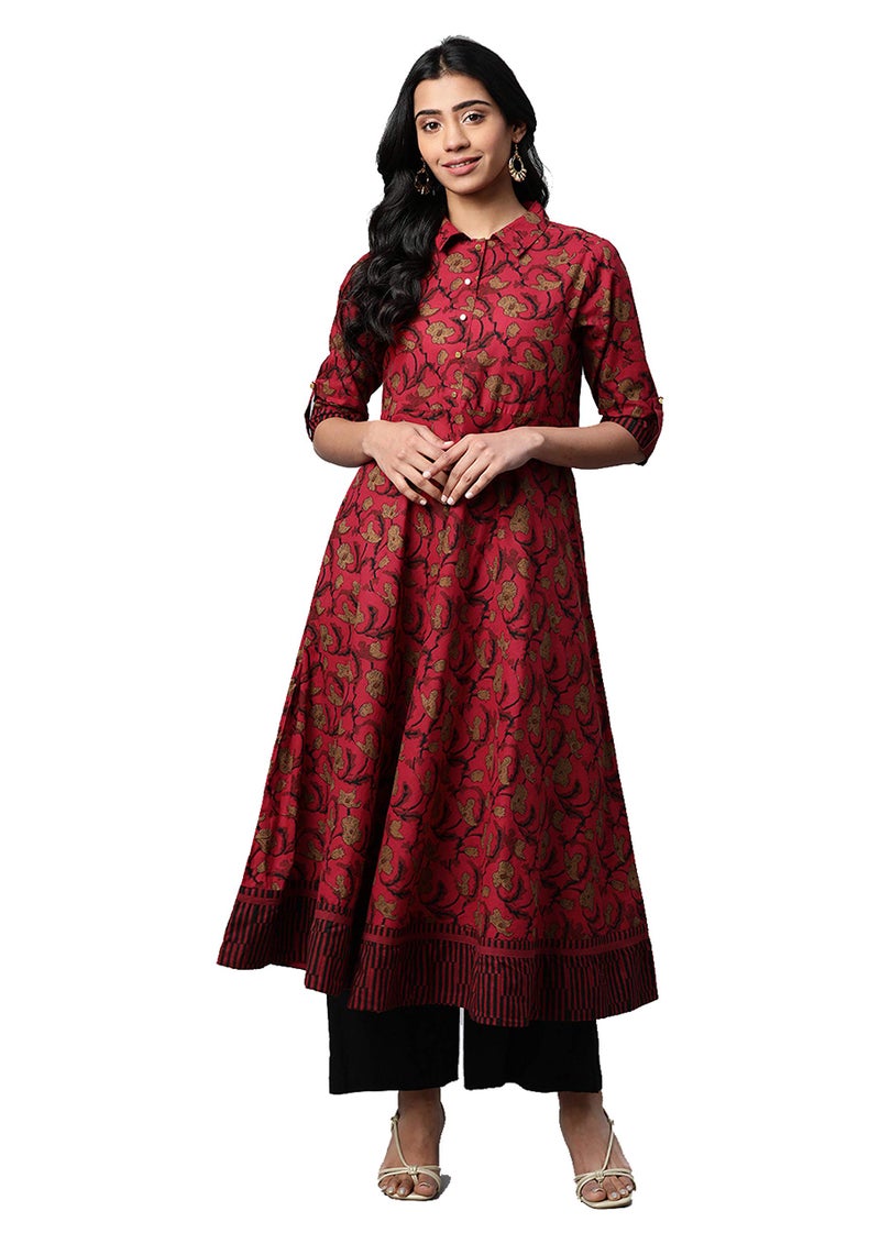 Yash Gallery Cotton Floral Printed Anarkali kurta for Women Indian Style Maroon - Image 3