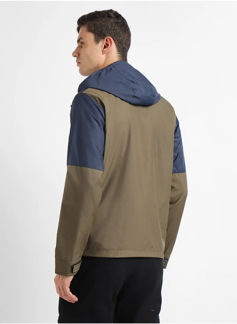 دينيس لينغو Military Regular Fit Men's Colourblocked Hooded Full Sleeves Polyester Jacket with Zipper Closure