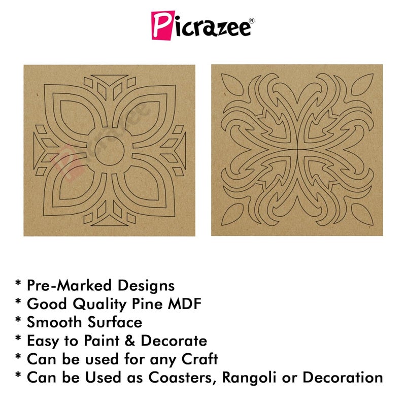 PICRAZEE DIY Engineered Pine MDF Pre-Marked 12 Square Plates (2 Designs 6 pcs Each Design) Size 4x4 inch and 5.5 mm Thickness– Ideal for Art and Craft, Resin Art, Decoupage, and DIY Projects - Image 4